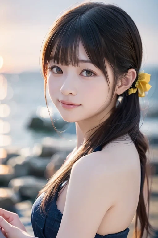 the most beautiful in the world16Year old girl、((Maids, Brown hair, ,pinafore, Maid headdress, Single hair bun, Hair buns, maid apronl, Dramatic poses)),Smile,Sandy beach background,short-cut、Raw photo, (8K、top-quality、masterpiece:1.2)、(intricate detailes:1.4)、(Photorealsitic:1.4)、octane renderings、Complex 3D rendering ultra detail, Studio Soft Light, Rim Lights, vibrant detail, super detailing, realistic skin textures, Detail Face, Beautiful detail eyes, Very detailed CG Unity 16k wallpaper, make - up, (detailedbackground:1.2), shinny skin, Full body,Hands down、Be undress、cleavage of the breast、spreading legs、