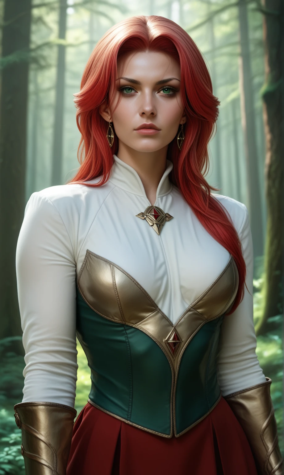 wizard, 1girl ,1980s, beauty face, armor gold, skirt red, ((realism)), extremely high quality RAW photograph, ultra detailed photograph, sharp focus, high resolution, (detailed skin:1,3),high quality, film grain, Fujifilm XT3,Highly Detailed, movie, (Cinematic Photo:1.3) of (Realistic:1.3),(Disgusting:1.3) Photorealism, (Magical Photo:1.3) of (Realistic:1.3), Crystal Core, Bejeweled, ethereal, hyper detailed fantasy character, Dreamlike, Ethereal Fantasy, Realistic, Fiction, Full-HD, HD, 8K, Soft Lighting, Beautiful Lighting,Highly Detailed,Highly Detailed,(Photorealism:1.3)