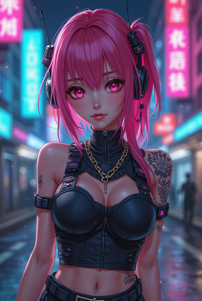 ((8K quality)) + ((pink hair)) + ((cyberpunk)) + (samurai) + (woman) + ((pink eyes)) + (pink glowing katana) + (sci-fi) + (((pale skin))) + ((((anime style)))) + (goth) + (edgy) + (evil)