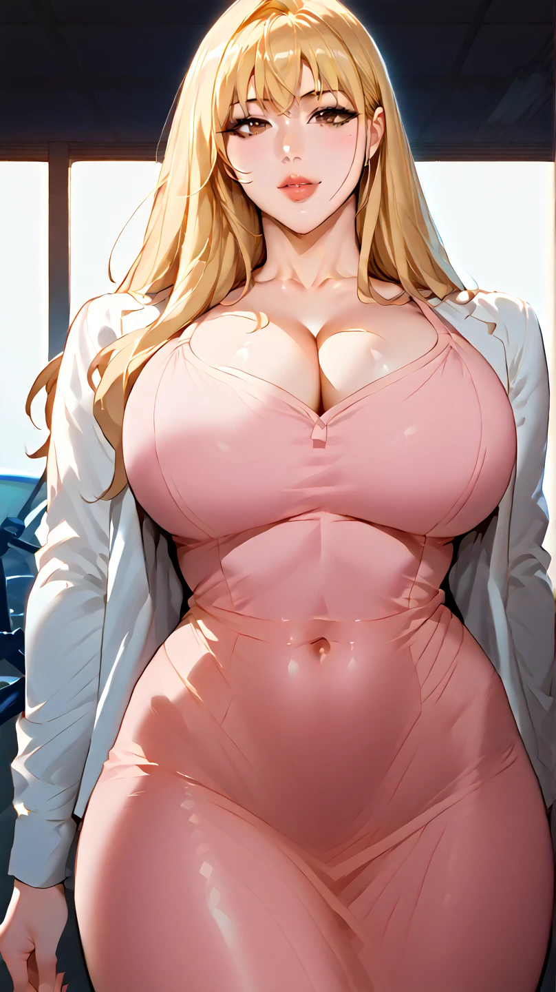 Masterpiece, busty woman in a red dress, large chest, cleavage, blonde hair, black dress, curly hair, green eyes, standing in a train station
