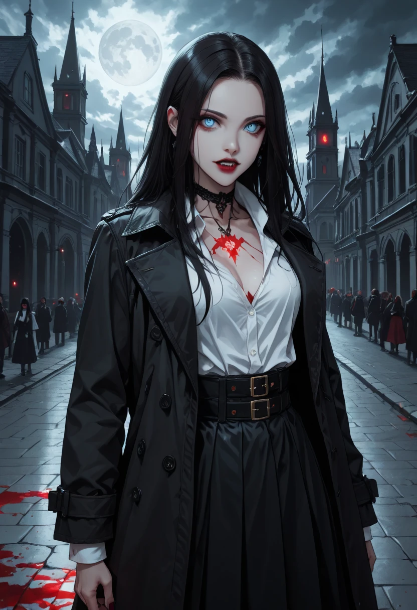 (Extremely detailed CG unity 8k wallpaper),(masterpiece), (best quality), (Extremely detailed), (Best Illustration Award),(The best shadow), 一个美丽的吸Blood鬼 ,(Sharp eyeliner, Eyeshadow, Exquisite eyes:1.1),(Black trench coat), Long hair, Red Eyes, Fangs, Blood,, In a dark environment.