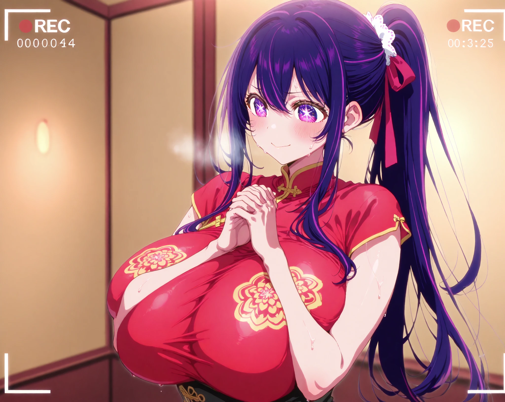 Black hair twin tails、yukata、Big Breasts、firework、Licking a candy apple with your tongue、Close one eye