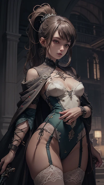 ein dickes gefesseltes elf girl with long ears kneels bei nacht on the floor in front of the viewer mit einem dickem buch in der hand, sie ist festgekettet, She wears a kurze robe, You can see wounds on the body, Big plump breasts, She is holding an open book in her hand, The ruin in the background is on fire and she's wearing a heavy slave collar, The girl is sweaty and has bloody hands, night, nachthimmel, brennendes haus im hintergrund, She has an angry expression on her face and has blood on her body, leuchtender hintergrund, magisch