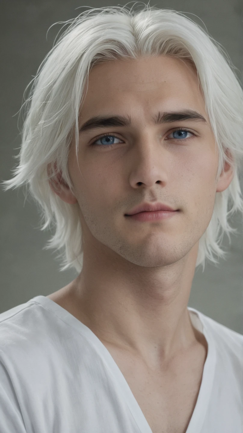 Boy, white hair, blue eyes, sharp, serious features, white skin, black sweater