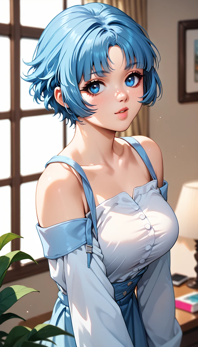 (masutepiece,: 1.2, Best Quality), (1 Lady, Solo, Upper body: 1.2) Short dark blue hair, Clothing: flowing skirt, short blue shoulder-length hair accessories: hair pin, hair: Short Blue Shoulder-length hair Makeup: natural, Glowing skin, Behavior: Blushing, Crying, Where to sit on a chair: livingroom, Blue eyes, Very huge breasts, short blue shoulder-length hair、full bodyesbian