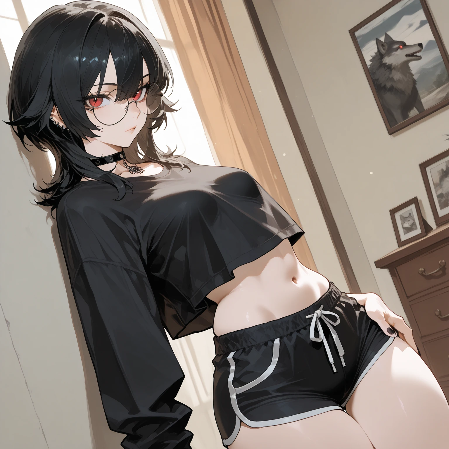 ((1boy)), big sharp wolf ears, large fluffy wolf tail, black short messy hair, black hoodie, gym booty shorts, vibrant amber eyes, black thigh highs, masterpiece, good quality, smug, slightly nsfw, has a big butt and big thighs, living room setting, teasing, seductive, toned abs, feminine boy, bent over, heart eyes, slim waist, sitting down while butt faces viewer