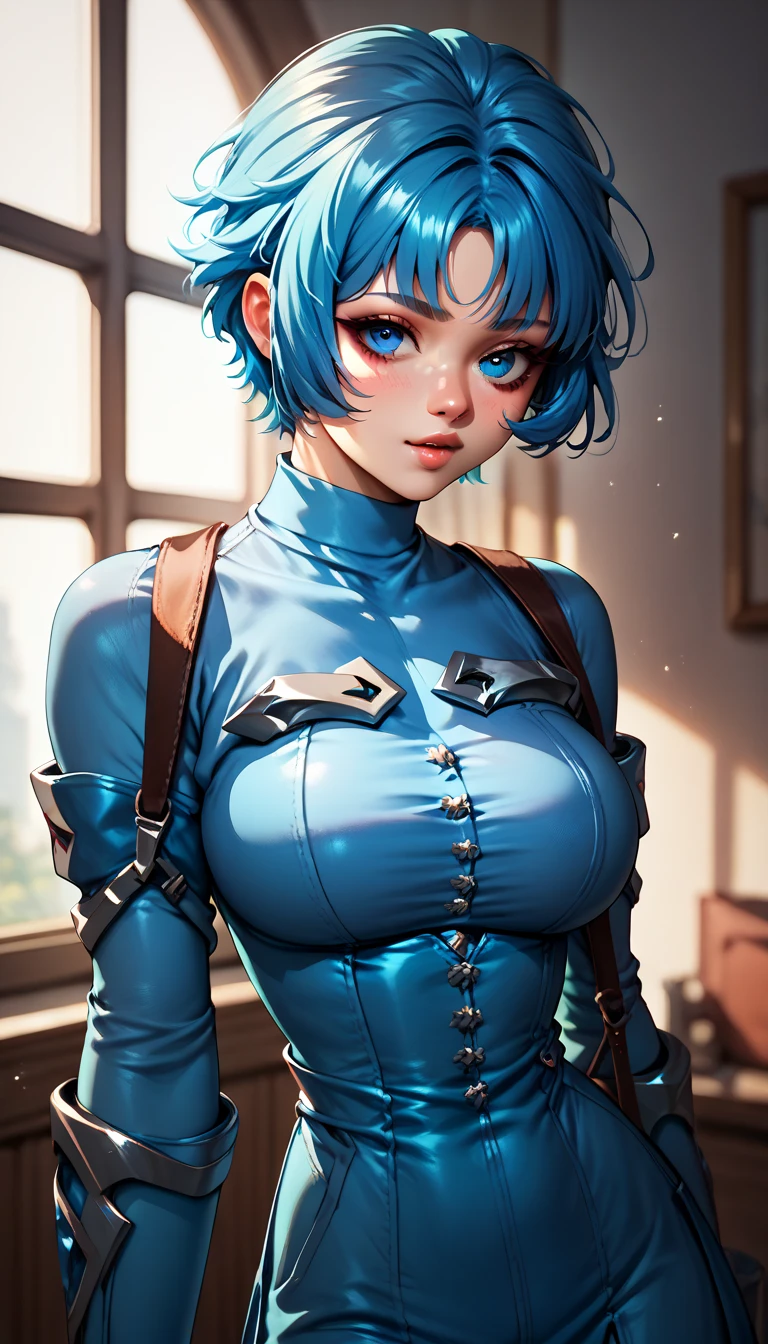(intrincate details: "(a character in an realistic human style, woman has big blue eyes and blue hair, solo 1girl 18 years old, blue hair, cute, symmetrical face, covered nipples, firm breasts, ((slim build)), young woman, beak of pocky cat ears, white very short and slim crop top, (black short), looking at viewer, very short cowboy mini skirt, medium breasts, blue eyes, short hair, armor, very sexy, random angle view)