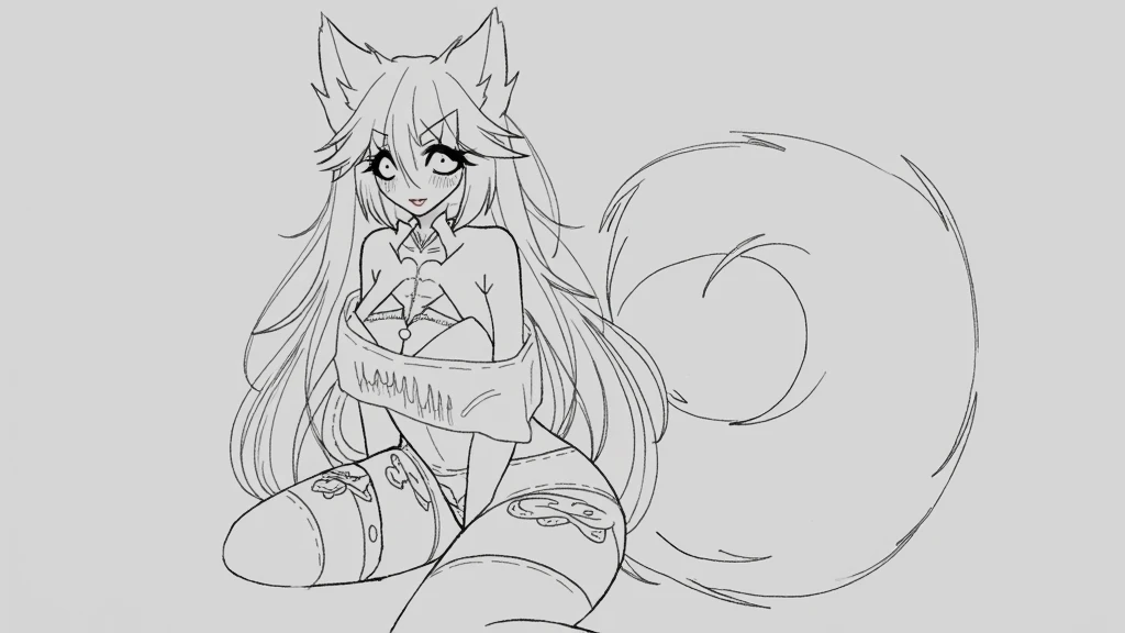 a drawing of a woman in a bikini sitting on the ground, thick black lineart, thick lineart, ahri from league of legends, ahri, bold lineart, simple lineart, heavy lineart, lineart, thick line art, perfect lineart, clean lineart, full entire body fun pose, variable lineart, thick outlines