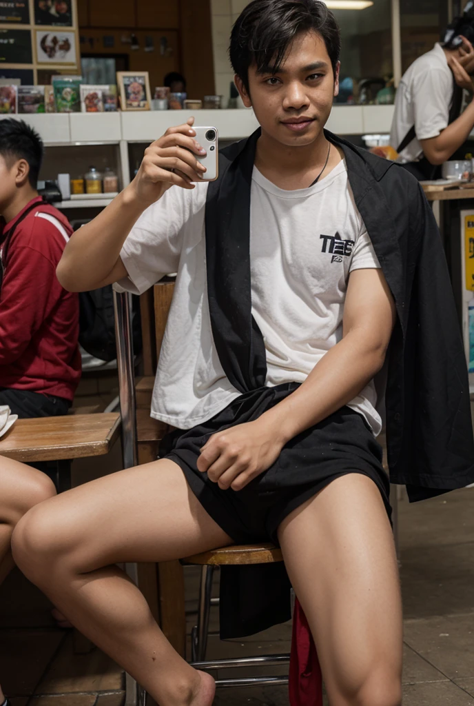 ,city centre, shame boy, embarrassed boy , eyeglasses,shirtless thin, skinny age handsome thai-Korean merchant boy wearing a orange underwear , sitting selling among many customers