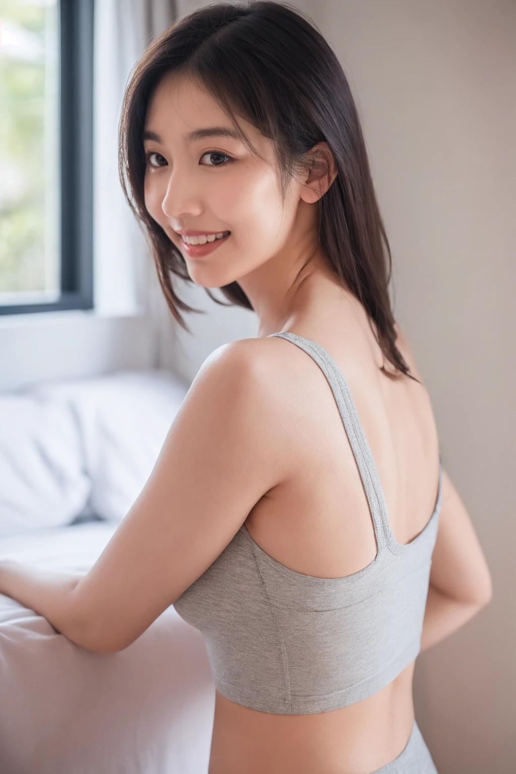 Top quality, 1 beautiful japanese woman, Bra Top, Half Smile, Natural Light, from_above, Arching the back