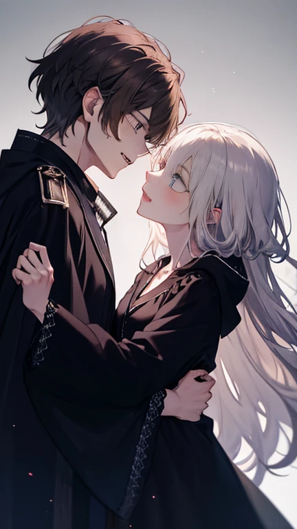A black haired man with ruby eyes is kissing a blonde haired man with silver eyes
