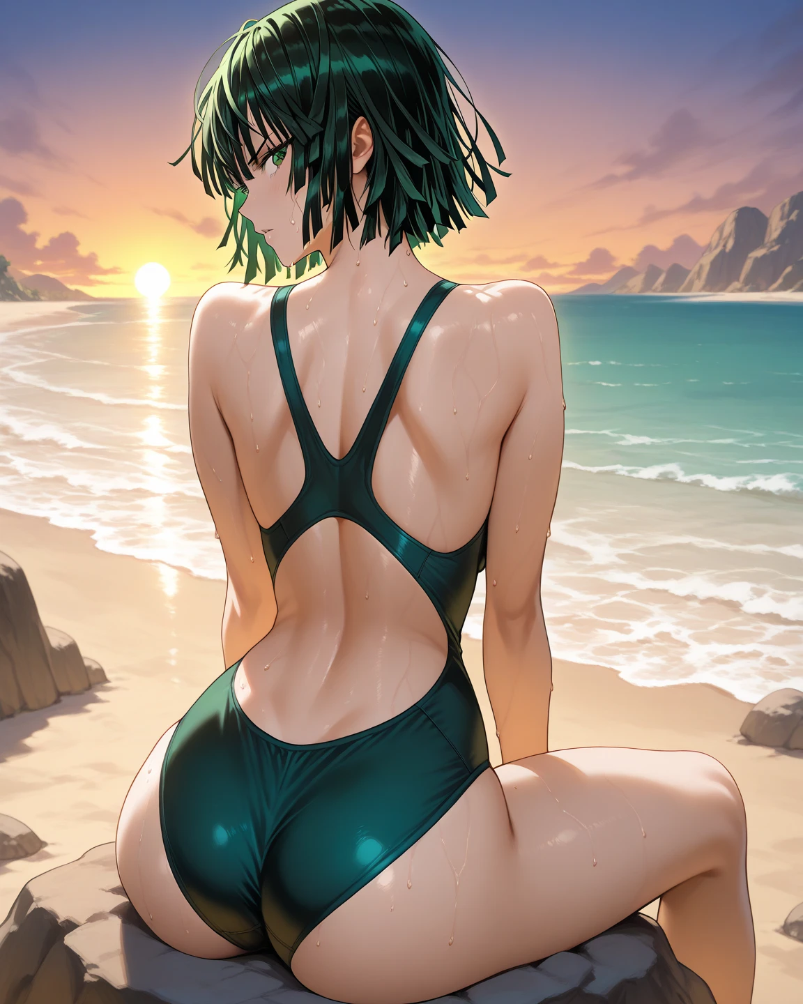 (masterpiece, beach scene at sunset:1.3), (Tatsumaki from One Punch Man:1.2), (standing at her 150 centimeters height with a well-distributed 45 kg:1.2), (beautifully proportioned body with small breasts and a medium-sized, firm, and round buttocks:1.2), (slender physique:1.1), (strolling along the beach at the moment of capture:1.2), (facing away from the camera, but turning around with a brief laughter at the corner of her mouth:1.2), (photograph taken from her back:1.5), (wearing an extremely small bikini both on top and bottom:1.5), (capturing the enchanting lighting of the sunset:1.1), (enhancing the beauty of her green-colored hair:1.3) Hyper-detailed, insane details, Beautifully color graded, Unreal Engine, DOF, Super-Resolution,Megapixel, Cinematic Lightning, Anti-Aliasing, FKAA, TXAA, RTX,SSAO,Post Processing, Post Production, Tone Mapping, CGI, VFX, SFX, Insanely detailed and intricate , Hyper maximalist, Hyper realistic, Volumetric, Photorealistic, ultra photoreal, ultra- detailed, intricate details,8K, Super detailed , Full color, Volumetric lightning, HDR, Realistic, Unreal Engine, 16K, Sharp focus. Octane render