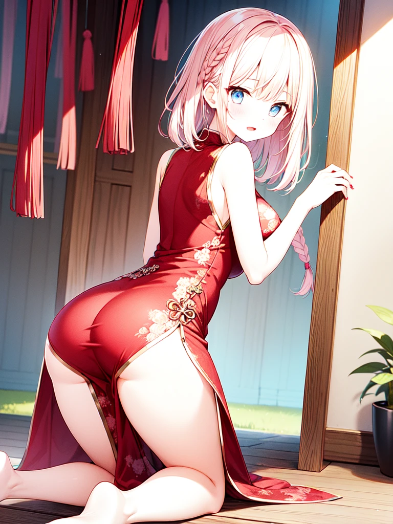 High resolution, adult woman , good lighting, despicable, , (No nudity), (((China dress))), (()), ((())), (garter belt), abdomen only, (),  ,  cute face, I&#39;m embarrassed and blush, humiliating, ((turn around and look back)), ((See-through))()(T-back)(a large amount of  is on the body,)