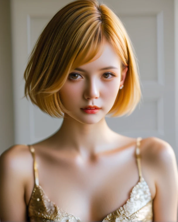 ((Close-up of face:1.6)、((Naked and wearing an oversized shirt:1.5))、((No underwear:1.5))、((Small, flat chest:1.7))、((Nipples visible through oversized shirt:1.4))、((Short Bob Cut:1.4))、((Apply beautiful makeup:1.5))、(((amount、Small breasts、Round face、White blonde Hair、beautiful girl、blonde、White Background、cute、young、True Face、Shiny Hair、whole body)))、Tabletop, Highest quality, shape, Very detailed, finely, High resolution, 8k wallpaper, Perfect dynamic composition, finelyて美しい目, Deco Out,blonde, Medium Hair, Small breasts, Natural color lip,White Background,