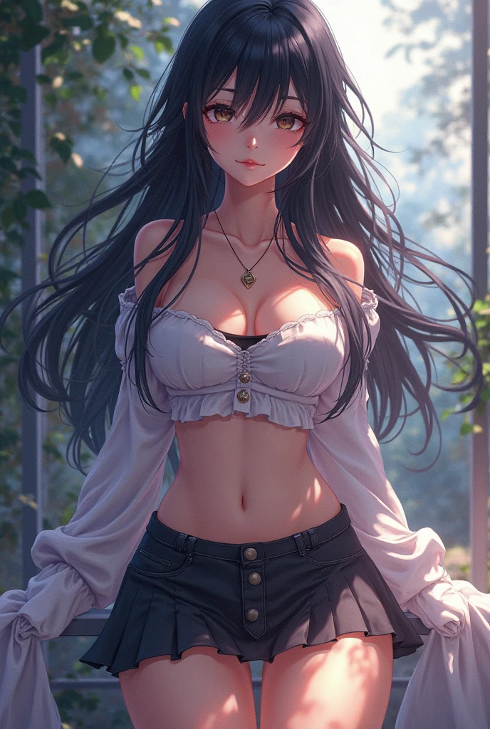 ((((absurdres, RAW photo, extremely delicate and beautiful, masterpiece, Best Quality, ultra high resolution, 32k, hyperrealistic, ultra-detailed)))), in her 20s, very Slim body, narrow waist, very small head, very small face, delicate facial features, beautiful face, beautiful eyes, ((very huge round tits)), medium hair, black hair, wavy hair, tearful mole, earring, full body shot, casual, blouse, white shirt, buttoned shirt, bare shoulders, collarbone, midriff, navel, shorts, straw hat,