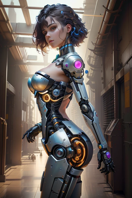 8k, 。.....................................3D, realista, Ultra Micro Photography, of the highest quality, Super detalle CG Unity 8k,Hermosa mujer robot, (mechenical parts: 1.5), lucha, ojos brillantes, cabello corto, supertraje apretado rasgado,(Robot blanco:1.4),In a destroyed city apocalyptic fire, dynamic  pose, dynamic view,( cyberpunk:1.4),(manos Detallado:1.4).(hermosa cara y ojos detallados:1.4),(fondo morado:1.4)