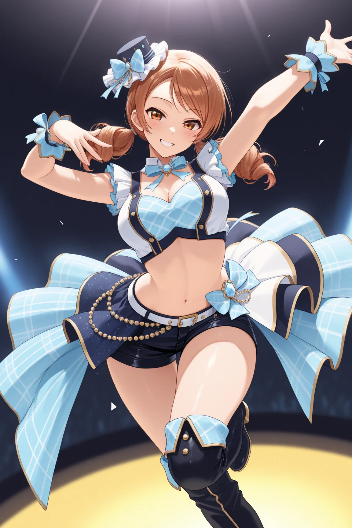 masterpiece, best quality, highres, kousaka honoka, blue eyes, (orange hair:0.7),idol custome,idol crop top, sleeveless, idol mini-skirt, midriff,long gloves, one eye closed, happy,pose, llchar