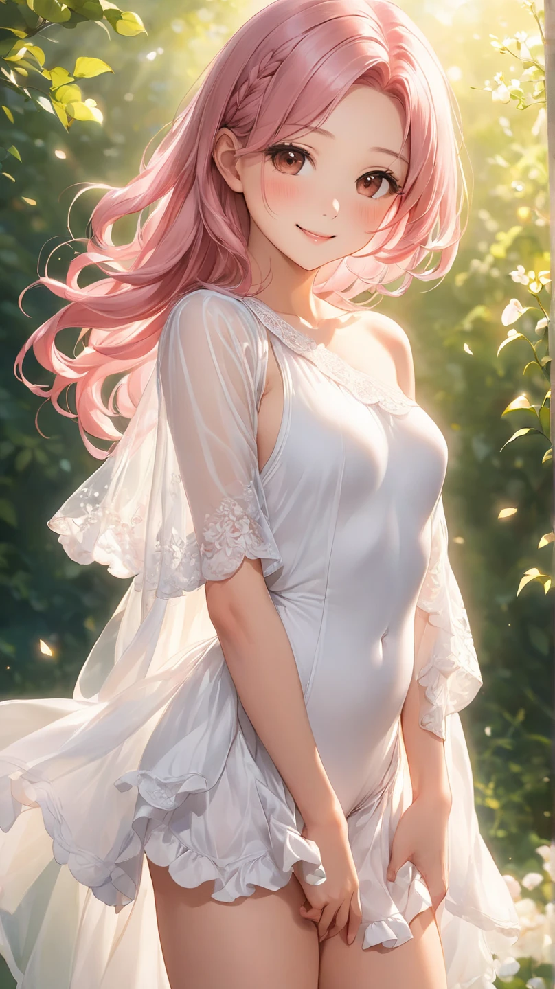 semi-realistic anime-style digital portrait of a young woman, full body, standing pose, soft sunlit background, gentle cinematic lighting. Her large, expressive pink-brown eyes have a golden glow with a sense of emotional depth. Faint natural blush on smooth fair cheeks. She has long pastel pink hair flowing in soft, pronounced natural waves, center-parted bangs that gently lift from the forehead with soft vertical arc, a single elegant braid draped over one shoulder. Wearing a refined and elegant white one-piece swimsuit with subtle lace trimming and a flowing sheer cover-up skirt. The design is modest yet feminine, with soft ruffles and ribbon accents. Her soft smile and gentle gaze convey kindness and calm. cinematic lighting, soft breeze movement in hair and fabric, Soul-emission type Ver.1.3f + Anime.01