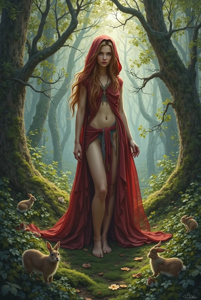 rubenesque woman, standing in a forest glade, small brook, woman, reddish-blonde, freckles, ((covered in vines)), naked, druidess, vines, robe of vines and leaves, pinup, ((see-though)) clothes