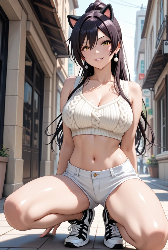 Attractive toned tomboy, smiling anime girl, wearing tight revealing white bikini, posing butt first, rear, thigh gap, catgirl, see through clothing, bent over