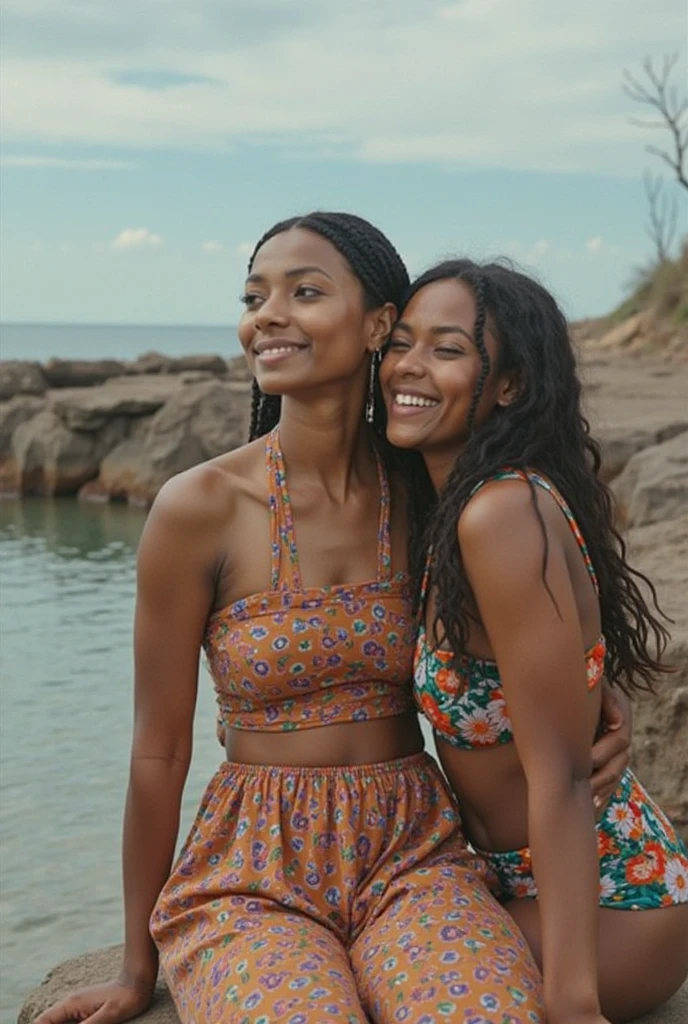 Two busty girls sitting on the beach,Realism,swim wears,Bikini, Sea, Black swimming trunks,Pretty girl,Blue sky,Clear facial features,Medium shot(maam),full lenght shot(FLS),Cinematic,4K post-processing,85mm focal length,Photography,Fascinating,Daiyi,Telephoto lens :
