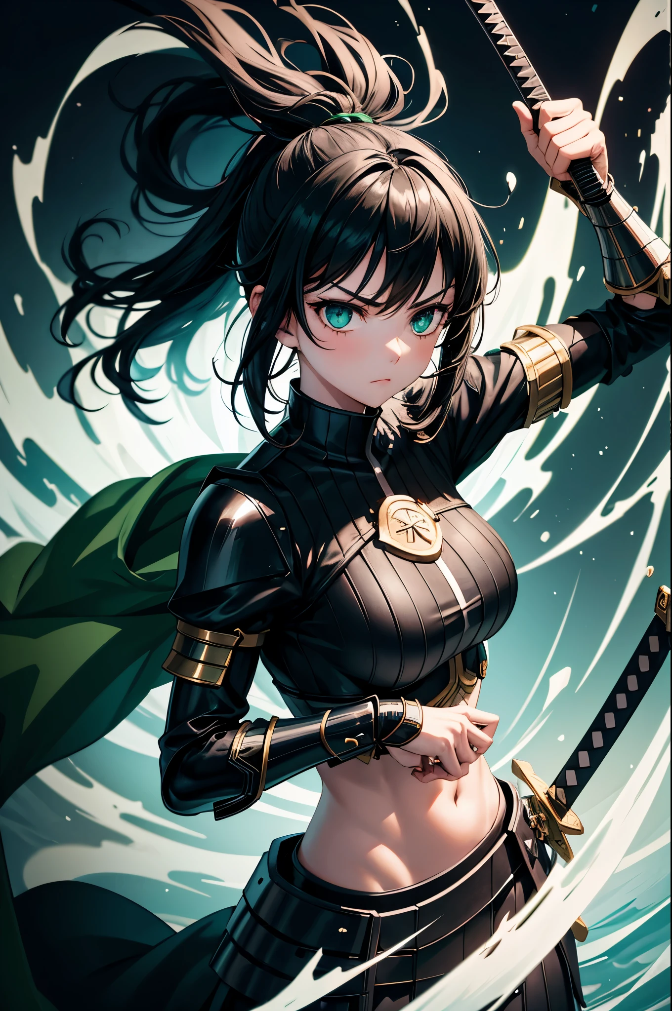 solo, female, strong, tall, thin, bronze skin, long black hair, piercing green, angular face, high cheekbones, lips, necklace, smile, fit, pose, flawless skin, curved sword, desert