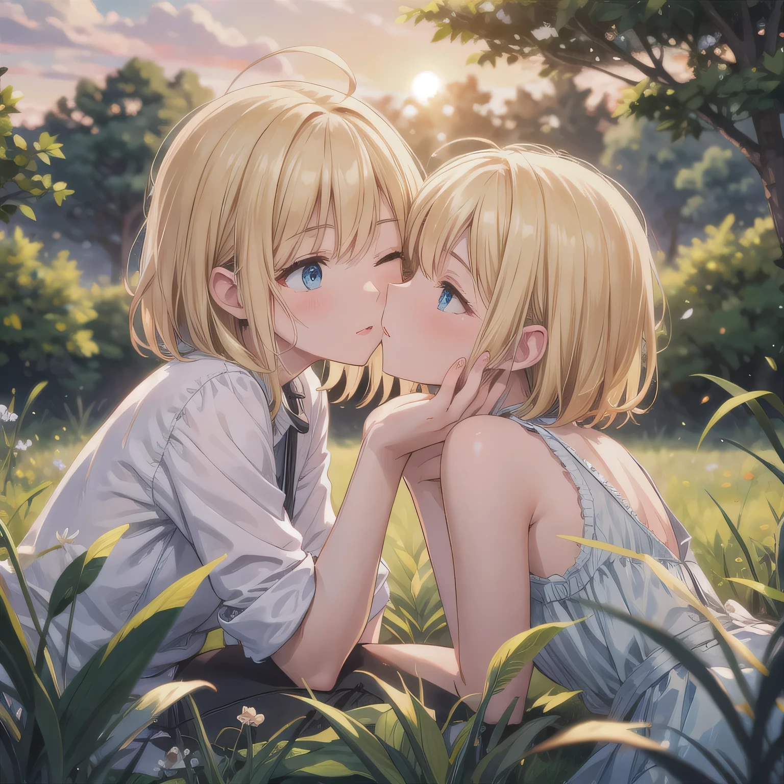 super high quality,Delicate depiction,Detailed Expression, masterpiece, anime, Lesbian, Japanese Art, Detailed expression,カラフルな日本のアダルトanime, 2 people, Medium blonde hair and lilac eyes, Medium brown hair and brown eyes, Casual clothing, skirt, T-Shirts, dress, A deep kiss, Kiss on the mouth, Tongue kiss, Dense, Browsing Caution, saliva,Drool dripping: 1.5, Are standing, Blushed, close your eyes, night, Dim lighting, performer, moon, bench, wood, green, Grass, garden
