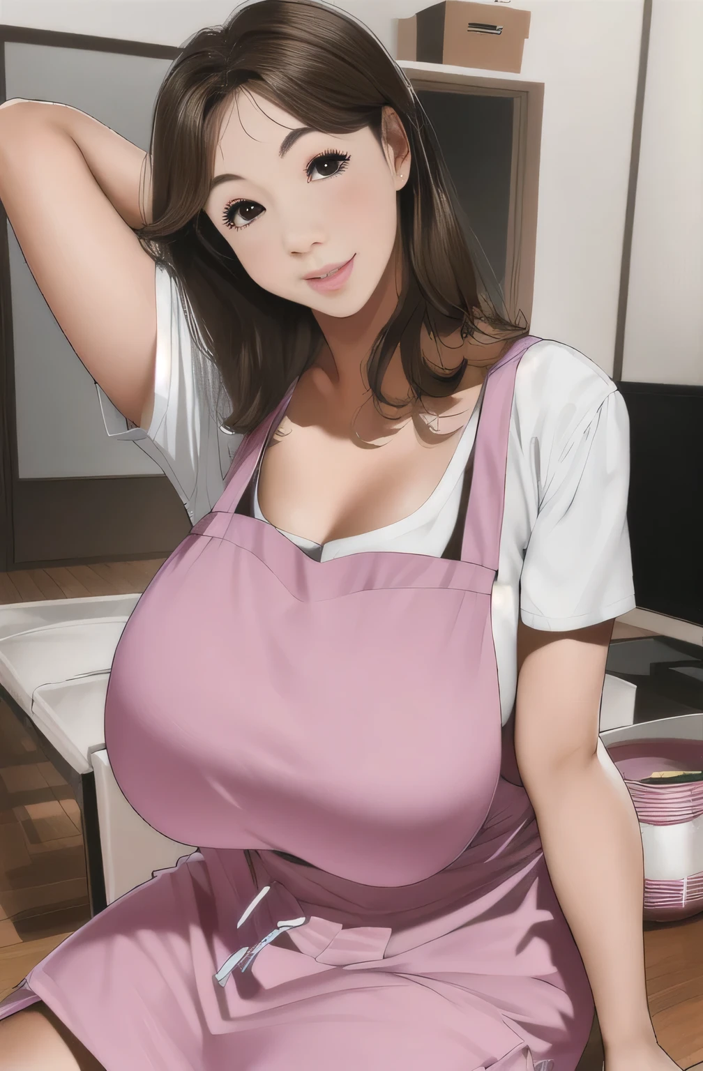 4. Japanese women,Voluptuous figure,Brown curly hair,Big Eyes,smile,Slight wrinkles around the eyes,Pink Apron,Put your hands behind your back,Messy room,living room
