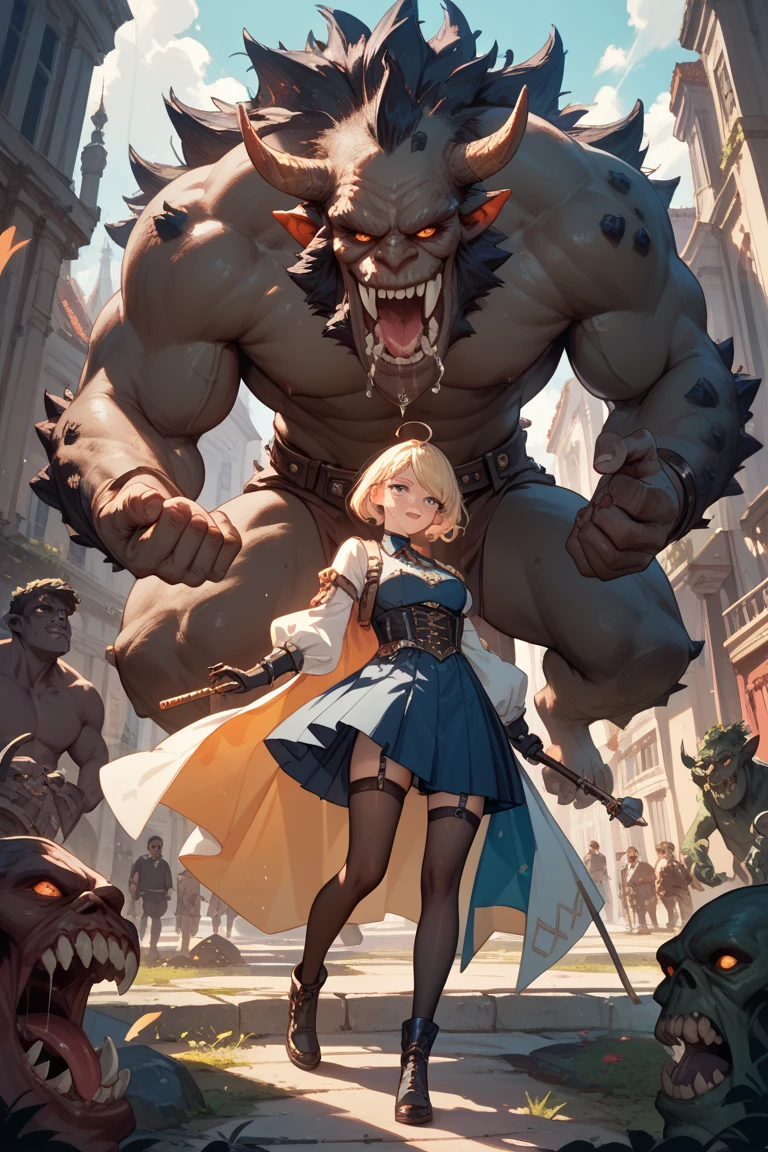 <lora:minotaur_v0.1b:1> 
1girl, elf, blonde hair, couple,
minotaur, armor, fighting stance, screaming, debris,, masterpiece, best quality, highly detailed