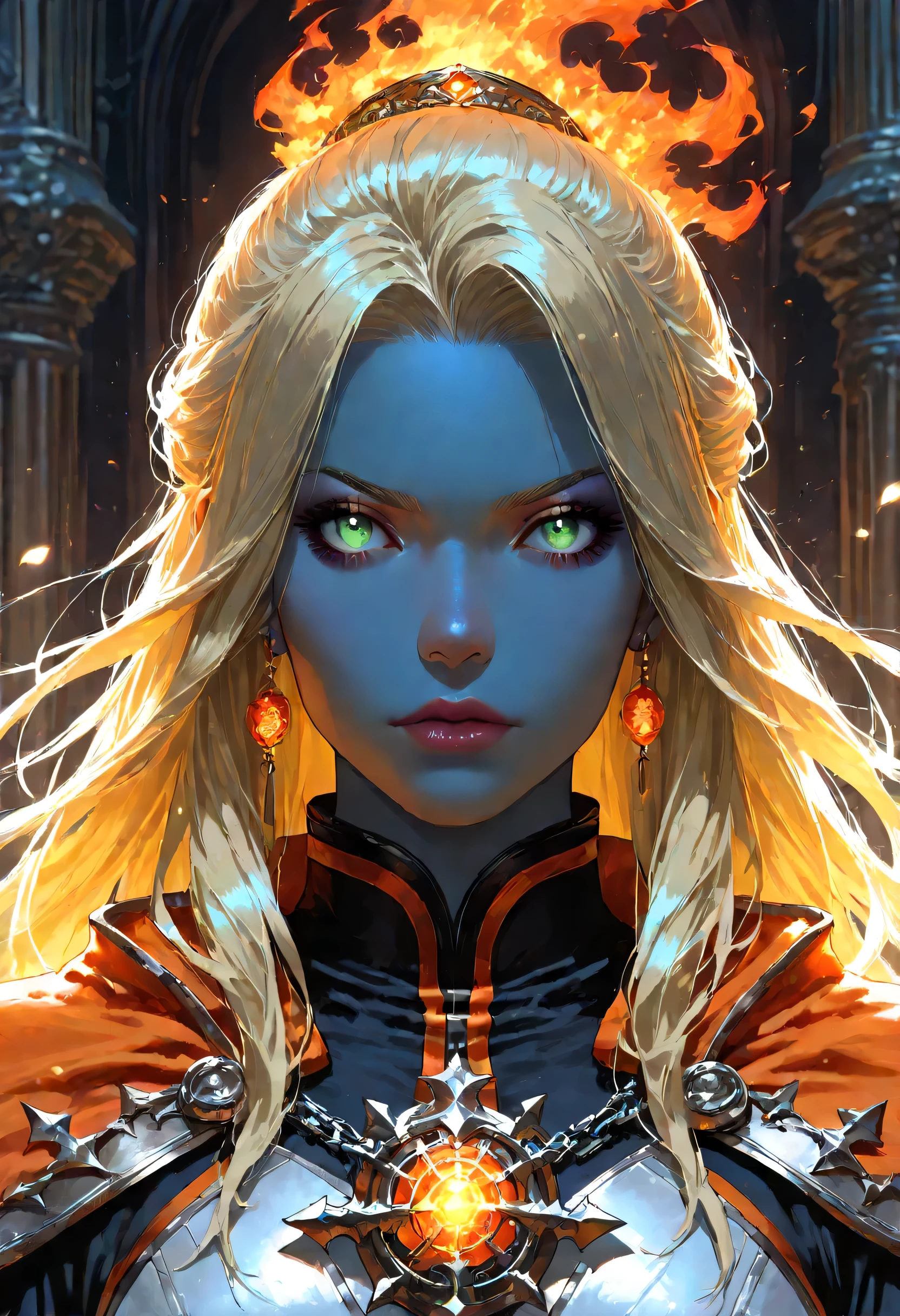 portrait of a female cleric ((dark blue skin)), intense details facial details, exquisite beauty, cleric, (dark blue skin)) female, ((yellow hair)), long hair, (((no ears))), (green eyes), armed with a fiery sword red fire, wearing (twilight priestly combat vestments), wearing white armor, wearing high heeled laced boots, wearing white armor, wearing an (orange cloak), wearing glowing holy symbol, fantasy art, dnd art, RPG art, wide shot, (masterpiece) intense details, highly detailed, photorealistic, best quality, highres, within fantasy temple background, reflection light, high details, best quality, 16k, [ultra detailed], masterpiece, best quality, (extremely detailed), close up, ultra wide shot, photorealistic, RAW, fantasy art, dnd art, fantasy art, realistic art,((best quality)), ((masterpiece)), (detailed), perfect face, fantasy, glowing, ember