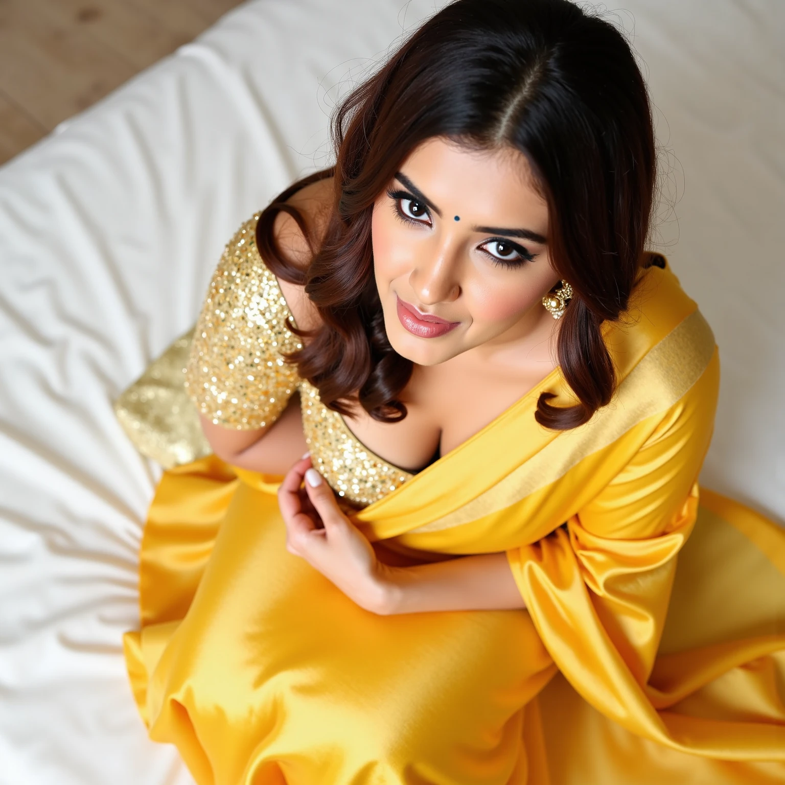 a close up of a woman in a yellow dress sitting on a chair, actress, lady using yellow dress, gorgeous lady, femme, with yellow cloths, * colour splash *, sensuous, aishwarya rai, biopic, stunning woman, gorgeous woman, yellow theme, beautiful yellow woman, yellow clothes, look at the details, stunning beautiful, yellow colours, posing, big , cleavage show, full wet body