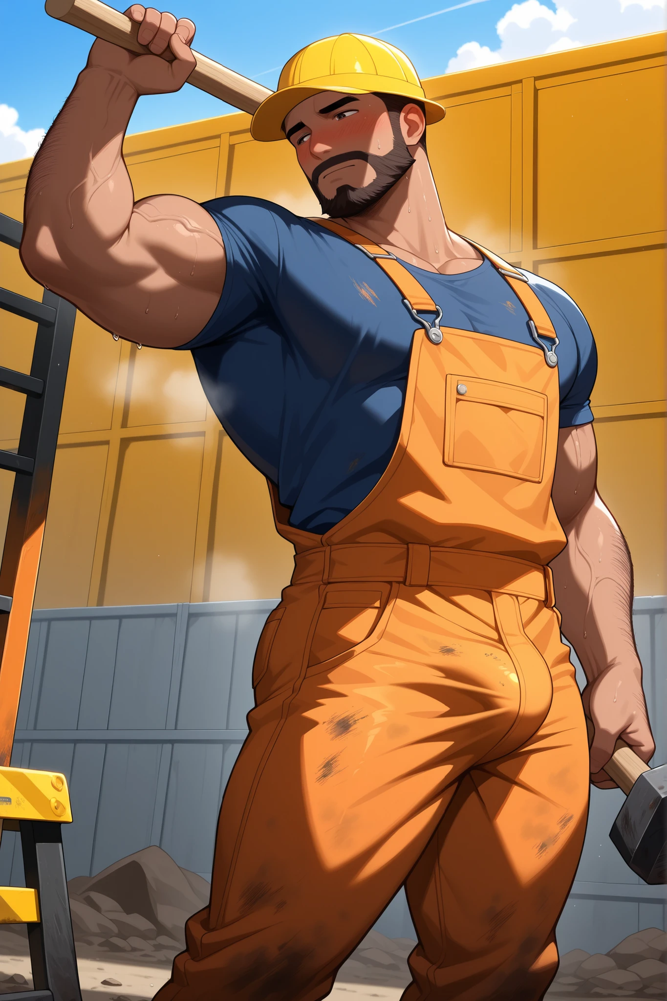 best quality, masterpiece, handsome man, muscular bodybuilder, mature facial features, exaggerated tiny waist, construction worker gear, hardhat, unbuttoned pants, flaccid penis, construction site, carrying toolbox in one hand, holds up a condom wrapper in another hand, perfect fingers, sexy, gay, homoerotic, no watermark, no logo, no signature