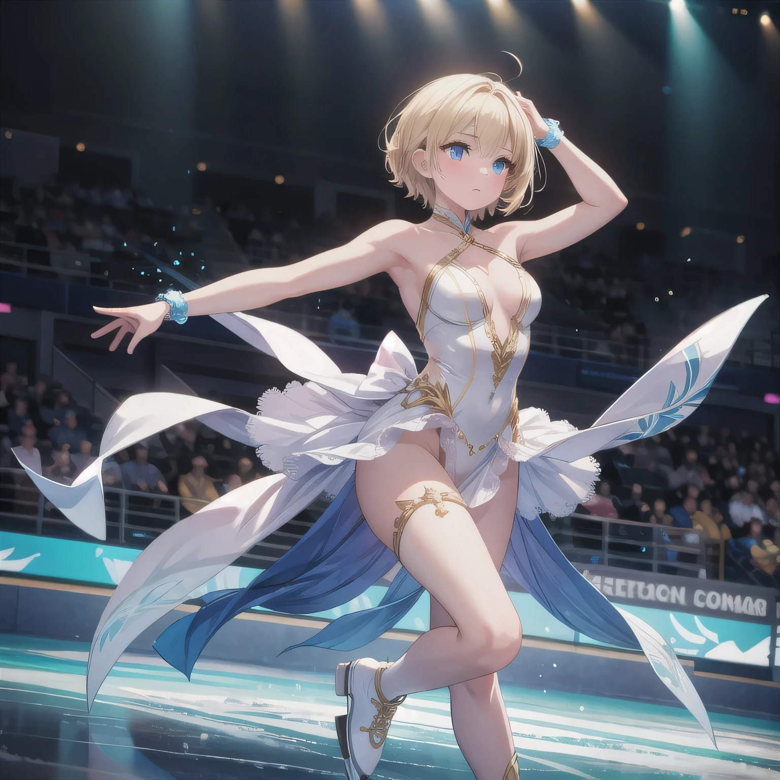 (((masterpiece))), ((highest quality)), ((Very detailed)), ((High resolution)), ((8k)), ((Anatomically correct)), The correct number of fingers, One Woman, Kagamine Rin, Vocaloid, Blonde Hair, short hair, Short, Very cute woman, delicate, Charming smile, Blue eyes, Bright Eyes, Best moment, Vivid eyes, Beautiful Skin, Cute face, delicateな腕, Detailed skin texture, Intricate details, Very detailedな顔, Beautiful Eyes, Beautiful curves, View your viewers, Cheerful expression, Music Stage, Beautiful thighs, Stage Costumes, upright, Model standing, Beautiful standing posture,