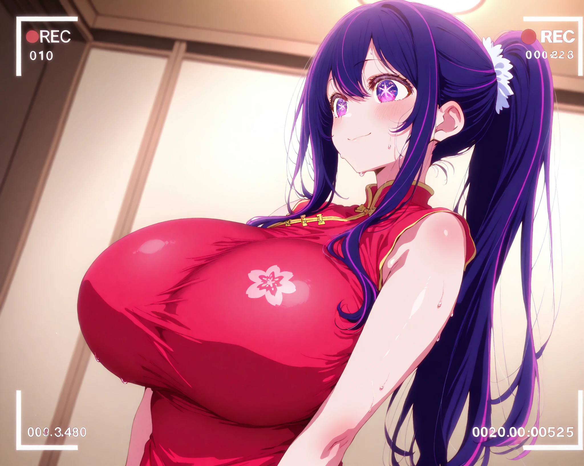 Cheongsam Girl,Half Up,Purple Hair,Purple eyes,Long Hair,Blunt bangs,cowboy shot,Pure white background,Big Breasts,Depth of written boundary,(Low angle view:0.9),Calf Level View,Overclocked Renderer,Cinema Lighting,masterpiece,Ultra-fine,Very detailed,complicated,Cinematic Perspective,CG Art,Looking at me,