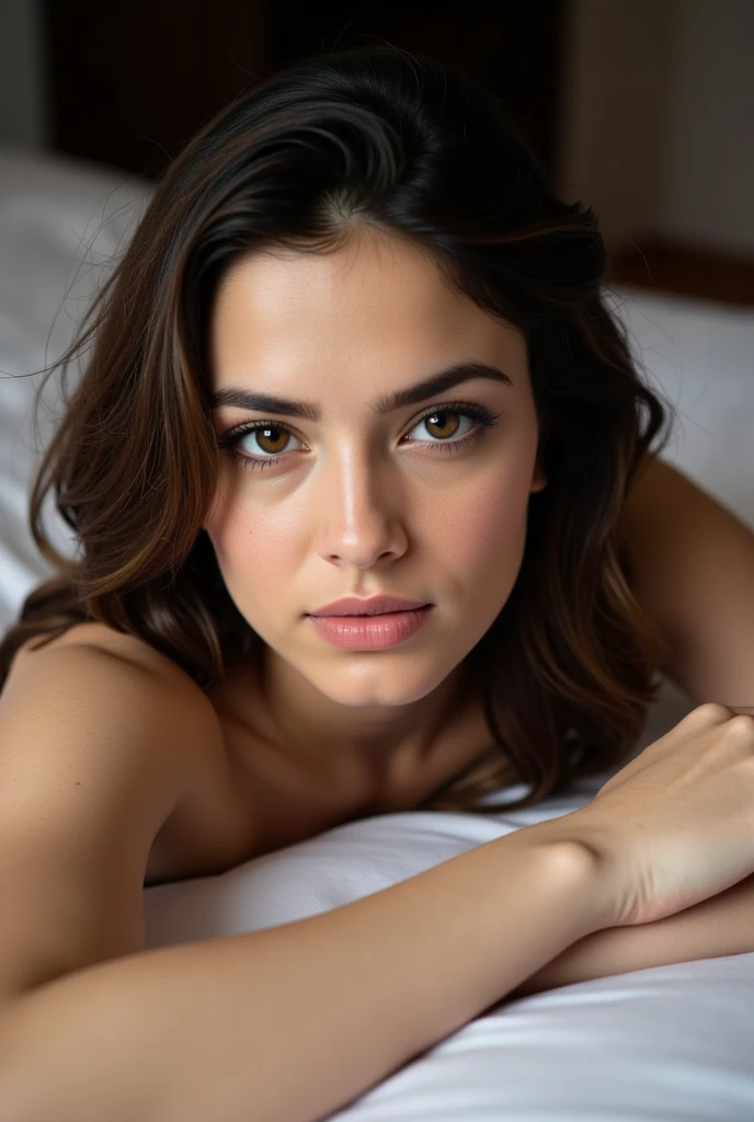 photorealistic, best quality, (hyper detailed: 1.4), (((laying in the bed:1.5))), ((close-up:1.3)), ((great body:1.5)), photosession, brown eyes, black hair, Detailed eyes, ((wearing nightie:1.5)). beautiful 40 age woman, (Highly detailed face:1.4), flirting, exuding a natural glow, soft lightning, evening time, bed view, jaw-dropping beauty, sexy, seductive, vivid colors