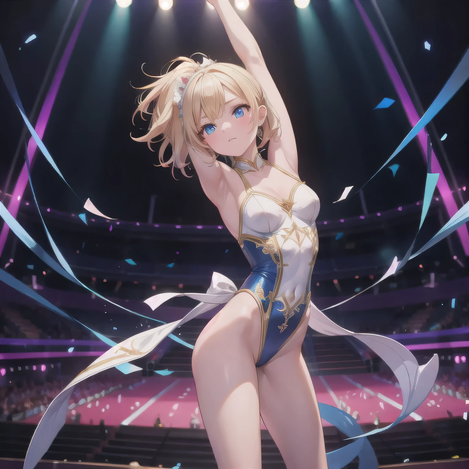 1girl, (strip dancer), super beautiful, cool, adult, medium large breast, stripping , raising her legs high, armpit, (excite the crowd from table),(from below view:1.5), (dynamic pose), (dynamic angle), perfect body, full of delight, smiling full of confidence, blushed,seductive smile, half opened mouth,(extra long hair in high pony, beautiful blonde hair), (nearly naked, Wearing a lot of fluttery thin clothes, extra micro bikini, putting on delicate high heel sandal ), ( a lot of flashy decoration), (full body shot), (focus on slim curve), on the stage of strip shed
