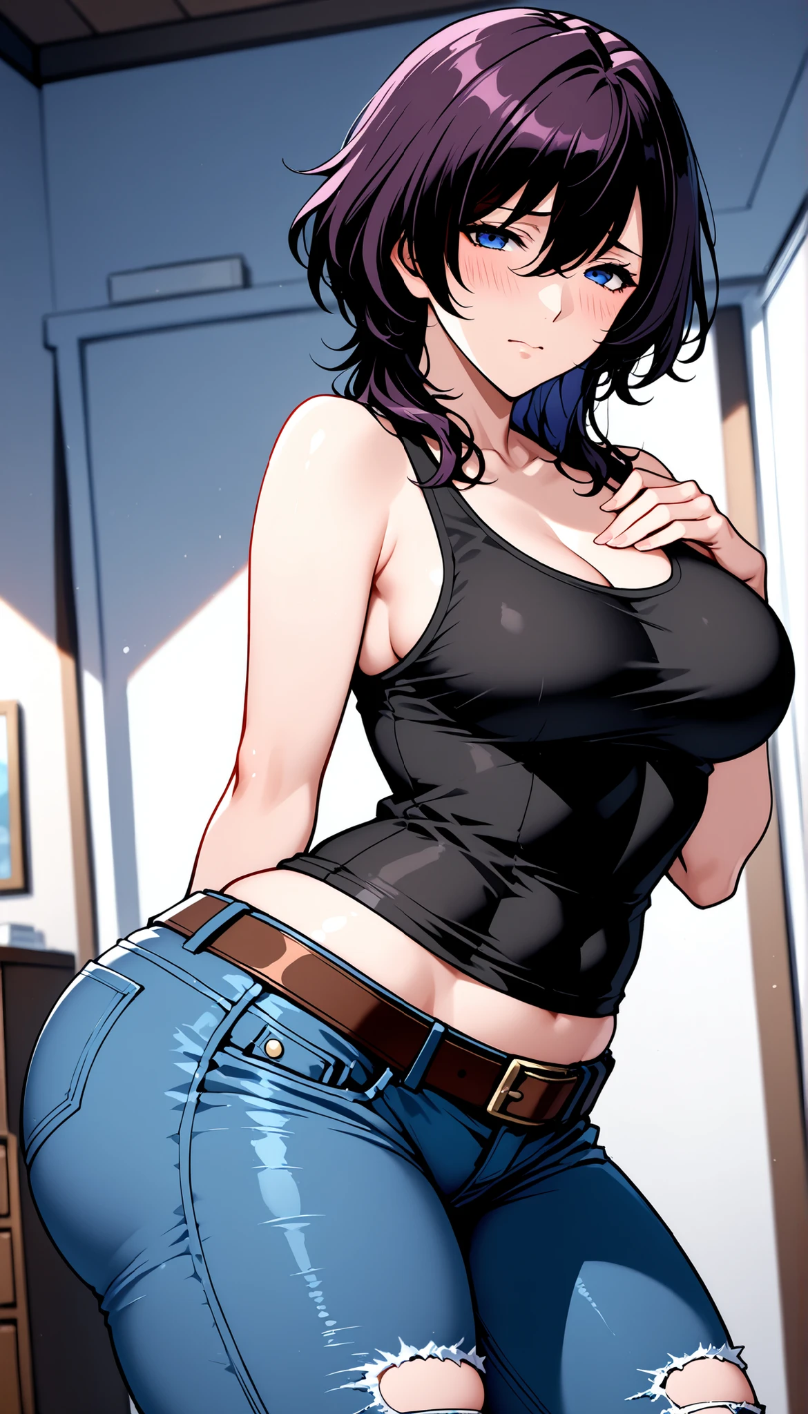 score_9, score_8_up, score_7_up, score_6_up, score_5_up, score_4_up, source_anime, tag1, tag 2, 最High Quality, High Quality, details, high resolution, 8k, 超high resolution, Soft Saturation, professional quality, perfect contrast, PERFECT FITTING, anatomically accurate, perfect face, perfect face, perfect hair, perfect eye side by side, Perfect Body, perfect breasts, perfect arms, perfect skin, clear face, hyperbreasted, small breasts, wide hips, huge ass, sensual woman, embarrassing, , lines, bedroom eyes, Shy Blake Dutch Angle, 前かがみ, black tank top, Damaged Jeans Micro Shorts, belt, street