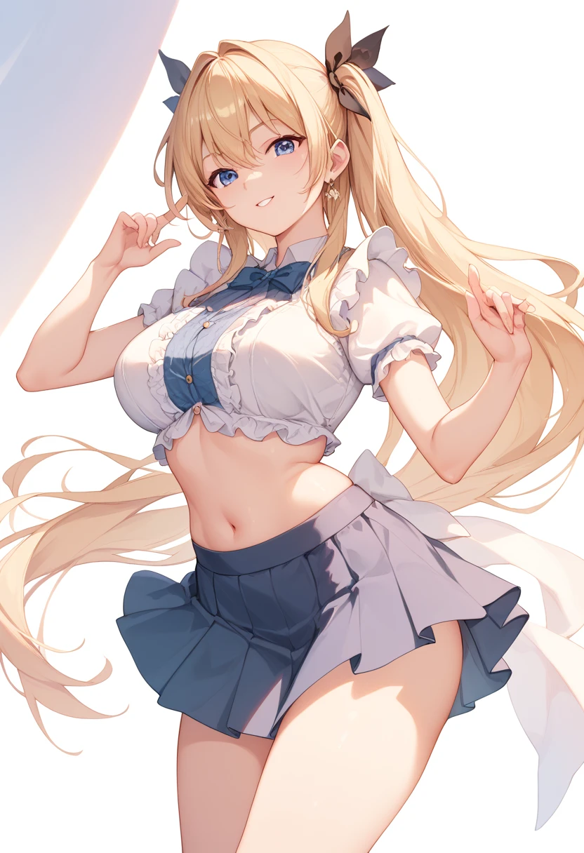 Realistic、masterpiece, 1house wife、blonde hair、twin tail, Blue eyes, (eye focus:1.3,face focus),(Gradient eyes:1.3),(mini skirt)、open mouth,(grin:1.3),forehead,cute face、((Thick thighs、Beautiful thighs)), A condescending gaze on the viewer,Sitting with legs spread and panties exposed,((Raise your arms, Expose your armpits)), succubus, 