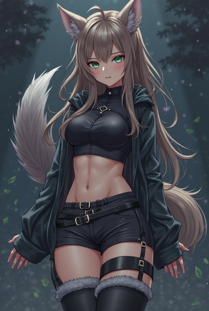   , Croped, , cleavage, slim waist, cropped hoodie underboob, cropped hoodieunderboobhoodie, 1girl, 2 wolf ears, wolf tail, marijuana crop hoodie, crop shorts, marijuana hoodie, spiky hair, spiky fur, green hair, red eyes,marijuana field, tight clothes, perfect eyes, perfect hands, clear resolution, full body, cleavage skin, marijuana plants, open hoodie, marijuana scenery, black thigh high socks, full body, earrings, 1girl, skirt,  cleavage, slim waist, cleavage, slim waist, hair pulled back, big breast, round butt, slim waist 