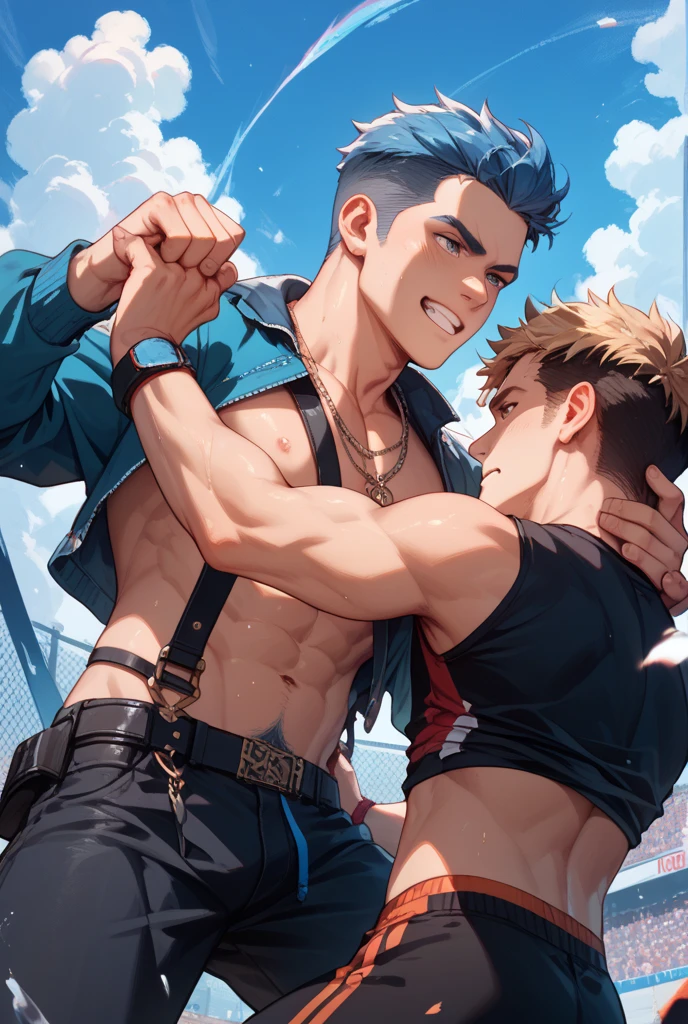best quality, masterpiece, 2 boys, male kpop idol with purple ombre hair and nipple piercings, he is kissing a man with blond hair, drooling, muscular, rockband attire, bulge, visible penis line, exposed chest, on colourful led stage, aggressively groping, rough molestation, rave concert, crowd happily cheering them on, sexy, gay, homoerotic, ambient lighting, extremely dramatic shadows, front view, perfection, no watermark, no logo, no signature