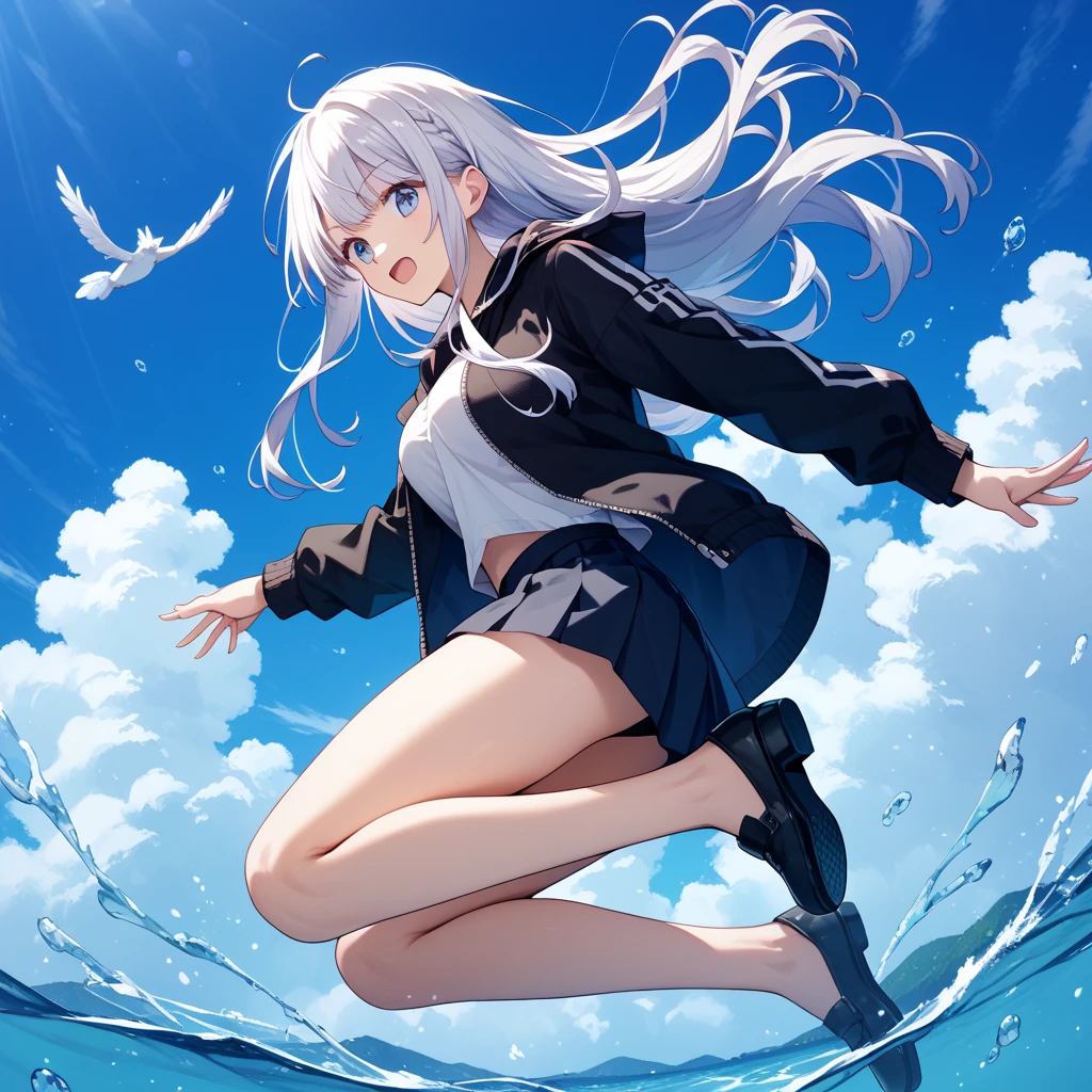 ((top-quality)), ((tmasterpiece)), ((ultra - detailed)), (Extremely Delicately Beautiful), Girl vs, 独奏, Cold attitude,((Black jacket)),She is very(Relax)with the(settle down)looks,depth of fields,evilsmile,Bubble, Under the water, airbubble,bright light blue eyes,inner colored,Cold background,Bob Hair - Linear Art, shorter pants、knee high socks、A white uniform like a school uniform、Light blue ribbon ties、Clothes are sheer、Hands in pockets,long white hair