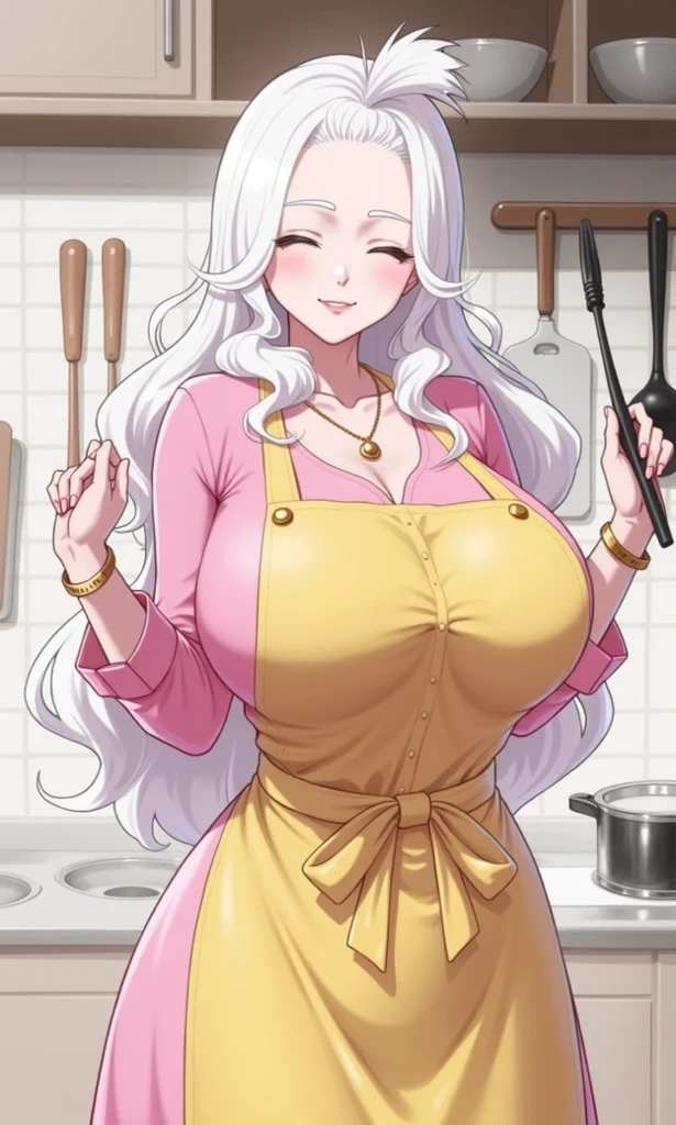 (Best Quality, Masterpiece),sexy mommy, , detailed face, Front cover of a women's cooking magazine, , naked, erotic, 18+, nsfw, 1girl, 30 years old, stunning, cute, heartwarming smile, hourglass figure, wearing floral dress, pinny apron, beautiful food, text, diagrams, advertisements, magazine title, long white hair hair