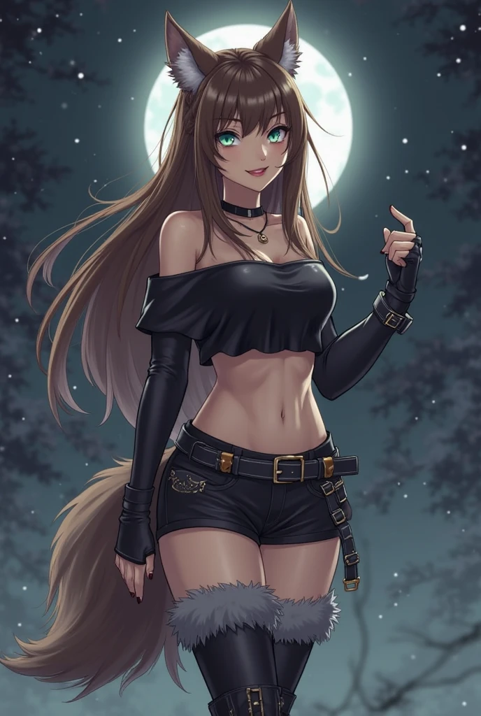 young kitten with green eyes, long black hair. fluffy fur COLOR: black with STAINS: white, in a sexy pose, wearing a tight short jean shorts, and a black leather jacket, with a fluffy tail