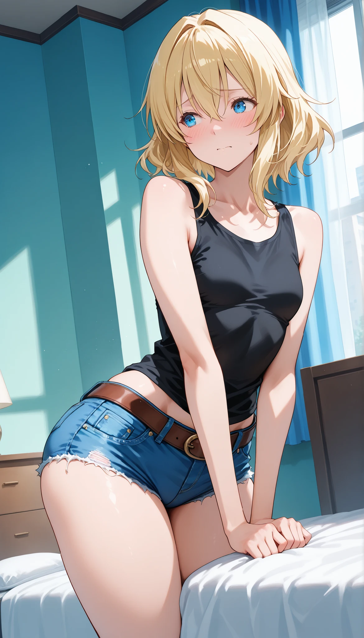 masterpiece, best quality, Itsumi Erika, 1girl, ashen blonde hair, blue eyes, solo, medium breasts, naked body, black skirt, sexy black underwear, black bra, standing frontally, pov, looking at viewer, whole body can be seen, expressionless, indoors, locker room, detailed hands, five fingers