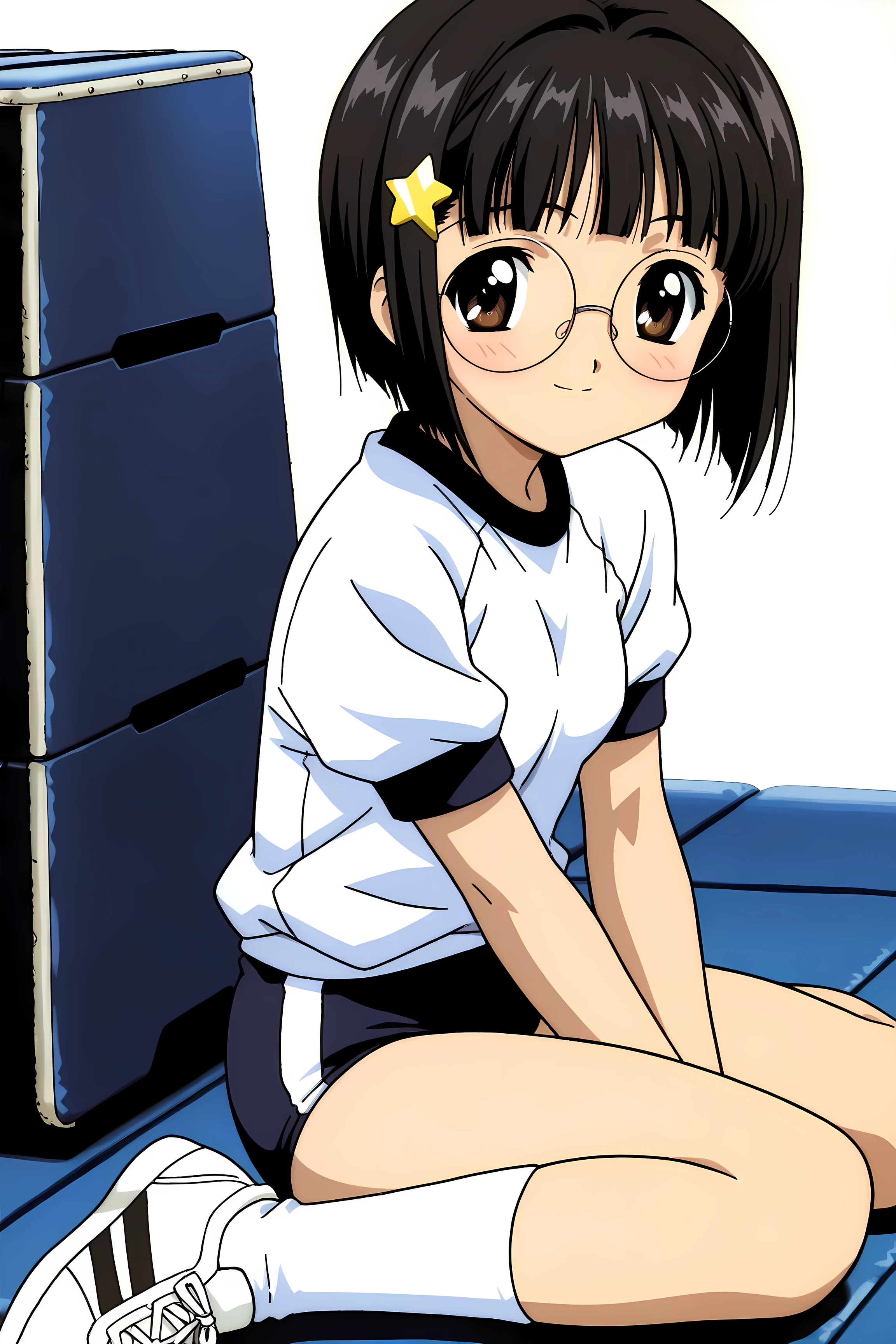 1 Anime boy, flat chest, big hips, high quality image, femboy, otokonoko, brown short hair, bangs, blue eyes, 1 Anime girl, short black hair, brown eyes, glasses, tsundere, sitting together on a bench