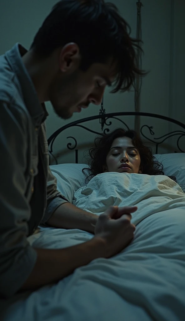 Sick man in a bed, accompanied by a girl 
