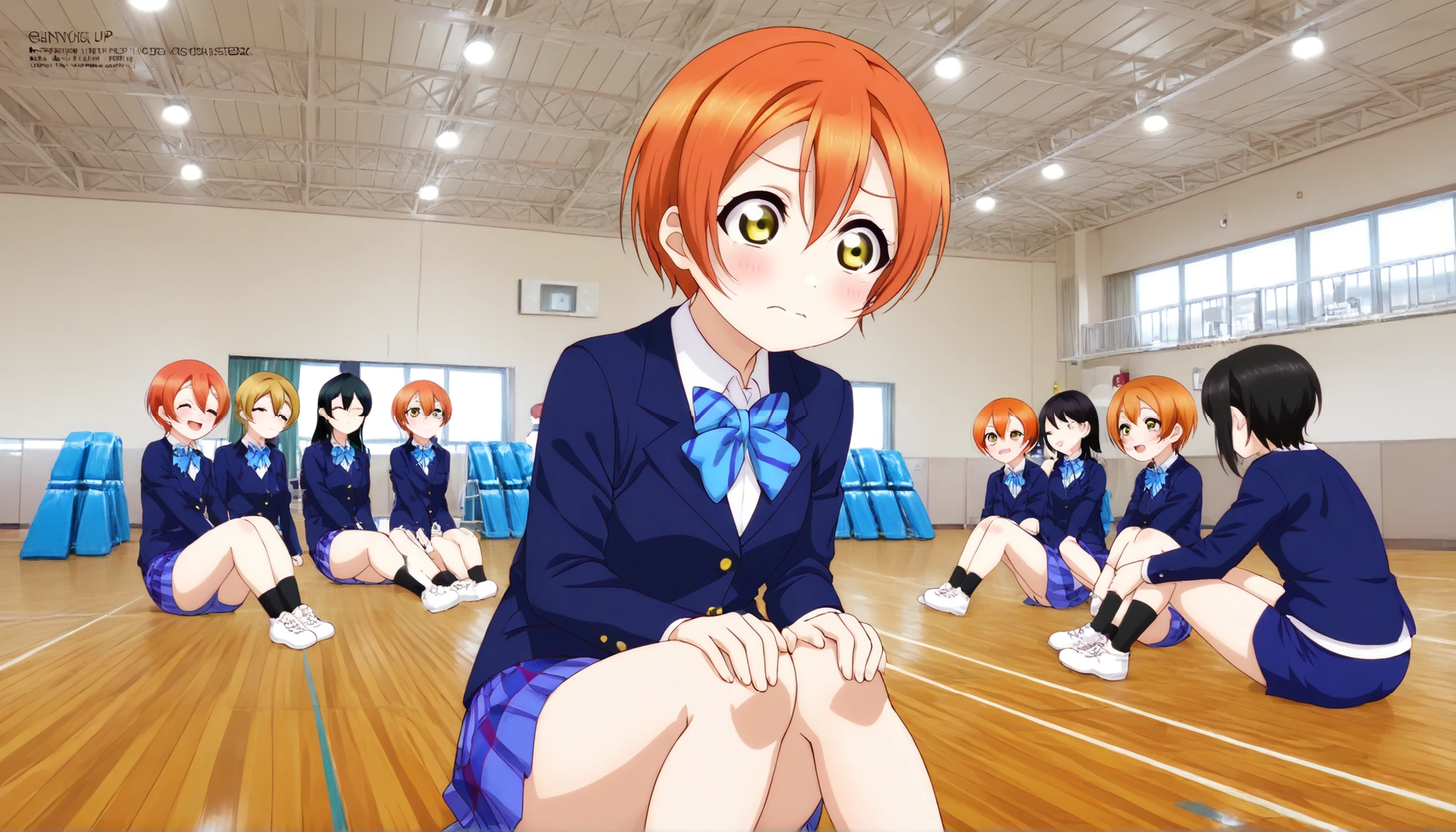 1girl,hoshizora rin, striped, short hair, blush, otonokizaka school uniform, lovelive_rin black blazer, blue plaid skirt, blue stripe bowtie, orange hair, very short hair, hair between eyes, yellow green eyes,sitting on the floor grasping one's knees (as in a gym class),score_9, score_8_up, score_7_up, rating_safe, masterpiece, best quality, absurdres, unity 8k wallpaper, official art, official style, source_anime, uncensored, game cg, megami magazine,taiikukan, indoors, sportswear, multiple girls, indoors, photo background, shorts, 6+girls, ceiling light, black hair, ceiling, stage, wooden floor, gym uniform, sportswear,Gymn4s3,