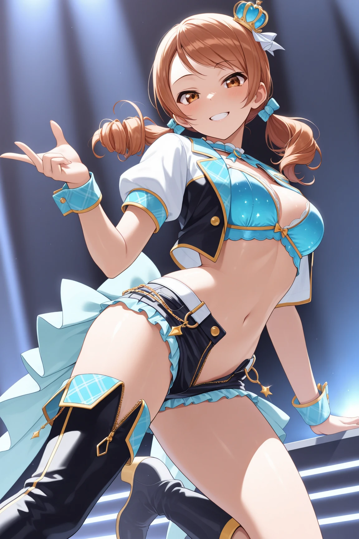 sexy dance show,sexy pose,super creek \(umamusume\),good anatomy, masterpiece, best quality,realistic, hyperrealistic, 16k hdr,Smile,(Live Stage),(see through costume:1.2),Stage costumes,Horse tail,sing a song,ultra miniskirt,navel,micro panties,clearvage,erected nipples,sweat,from below,huge breasts