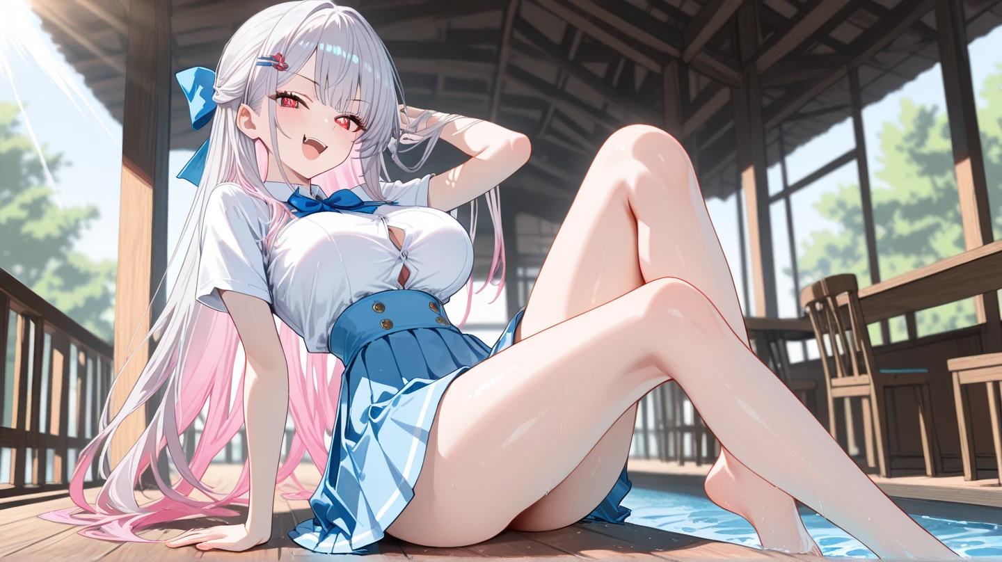 (((masterpiece, best quality, highres))),((1 girl, solo, solo girl, 1 figure, solo figure)) beautiful noelle_silva, long hair, (hair ribbons, purple colored hair ribbons), (white hair, silver hair), twin tails, pig tails, bangs, silver hair, purple eyes, (purple colored bikini, purple colored panties), large breast, (cleavage), large boobs, camel toe, ((sitting, on knees, legs fold)), ((grabbing breast, grabbing boobs, grope, groping, hands on boobs)), BREAK outdoor, (hot springs), blur background, front view, ((mid shot)), alluring face, (perfect fingers, perfect legs, perfect anatomy), 4k