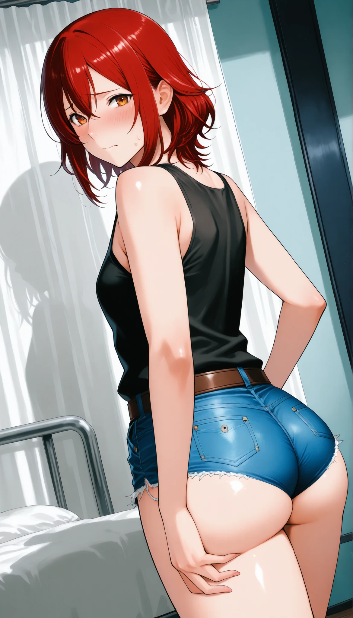 score_9, score_8_up, score_7_up, score_6_up, score_5_up, score_4_up, source_anime, tag1, tag 2, 最High Quality, High Quality, details, high resolution, 8k, 超high resolution, Soft Saturation, professional quality, perfect contrast, PERFECT FITTING, anatomically accurate, perfect face, perfect face, perfect hair, perfect eye side by side, Perfect Body, perfect breasts, perfect arms, perfect skin, clear face, hyperbreasted, small breasts, wide hips, huge ass, sensual woman, embarrassing, , lines, bedroom eyes, Shy Blake Dutch Angle, 前かがみ, black tank top, Jeans Micro Shorts, belt, street
